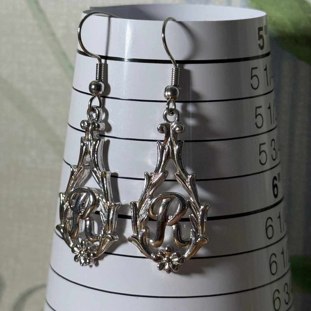 Vintage Sarah Coventry Silver Initial R Dangle Earrings - Women Jewelry
